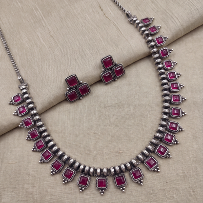 Ruby Rush — Square Ruby Collar Necklace Set in Oxidised Silver