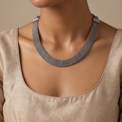 Flat Out Stunning — Mesh Jali Choker in Oxidised Silver