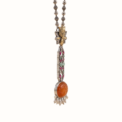 Statement Piece — Carved Orange Stone Long Pendant in Oxidised Silver