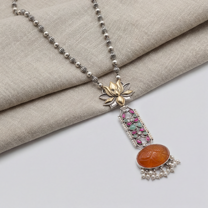 Statement Piece — Carved Orange Stone Long Pendant in Oxidised Silver