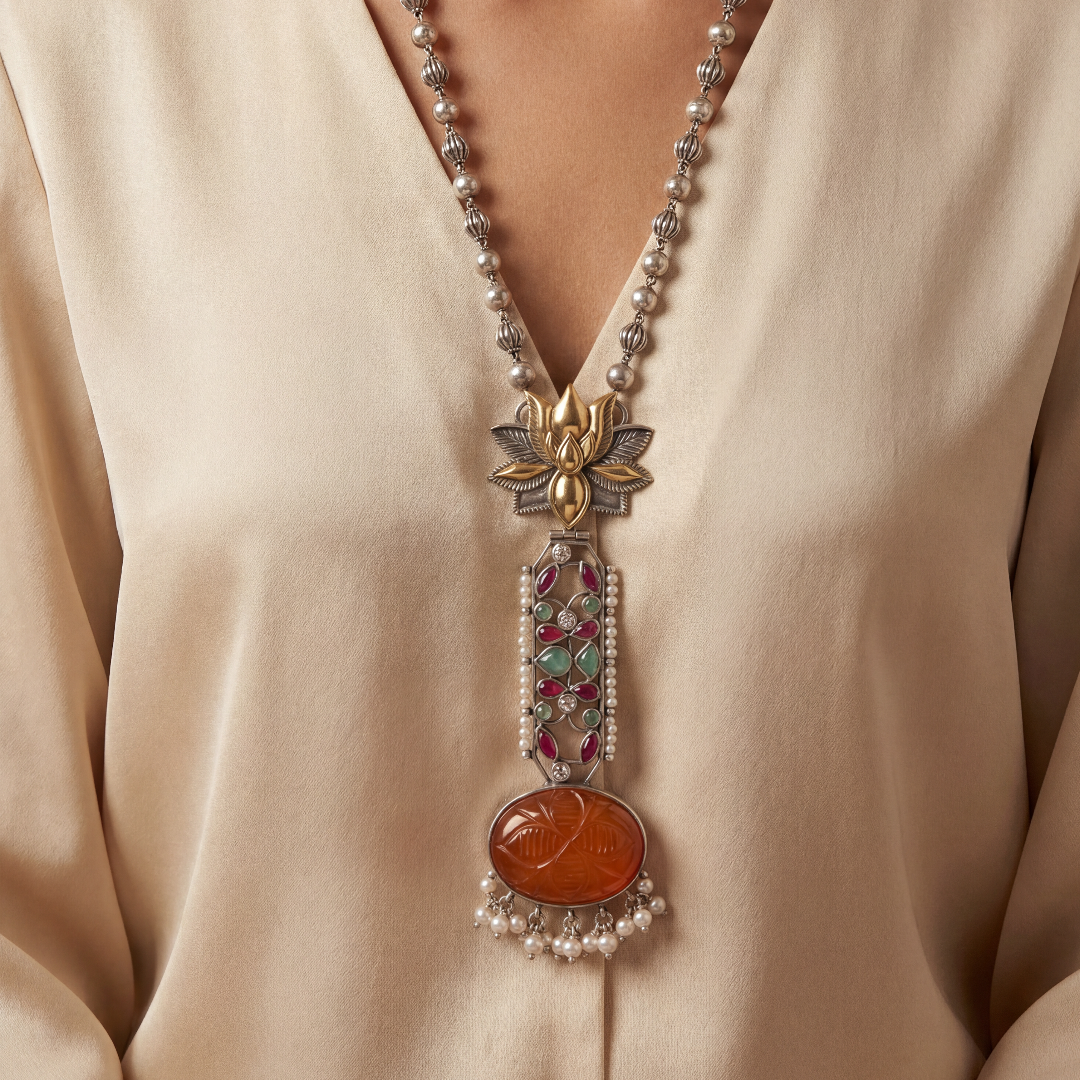 Statement Piece — Carved Orange Stone Long Pendant in Oxidised Silver