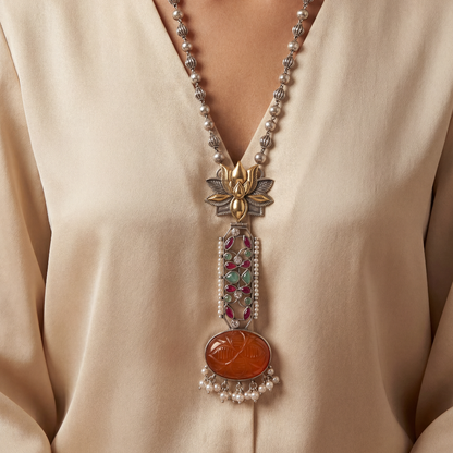 Statement Piece — Carved Orange Stone Long Pendant in Oxidised Silver