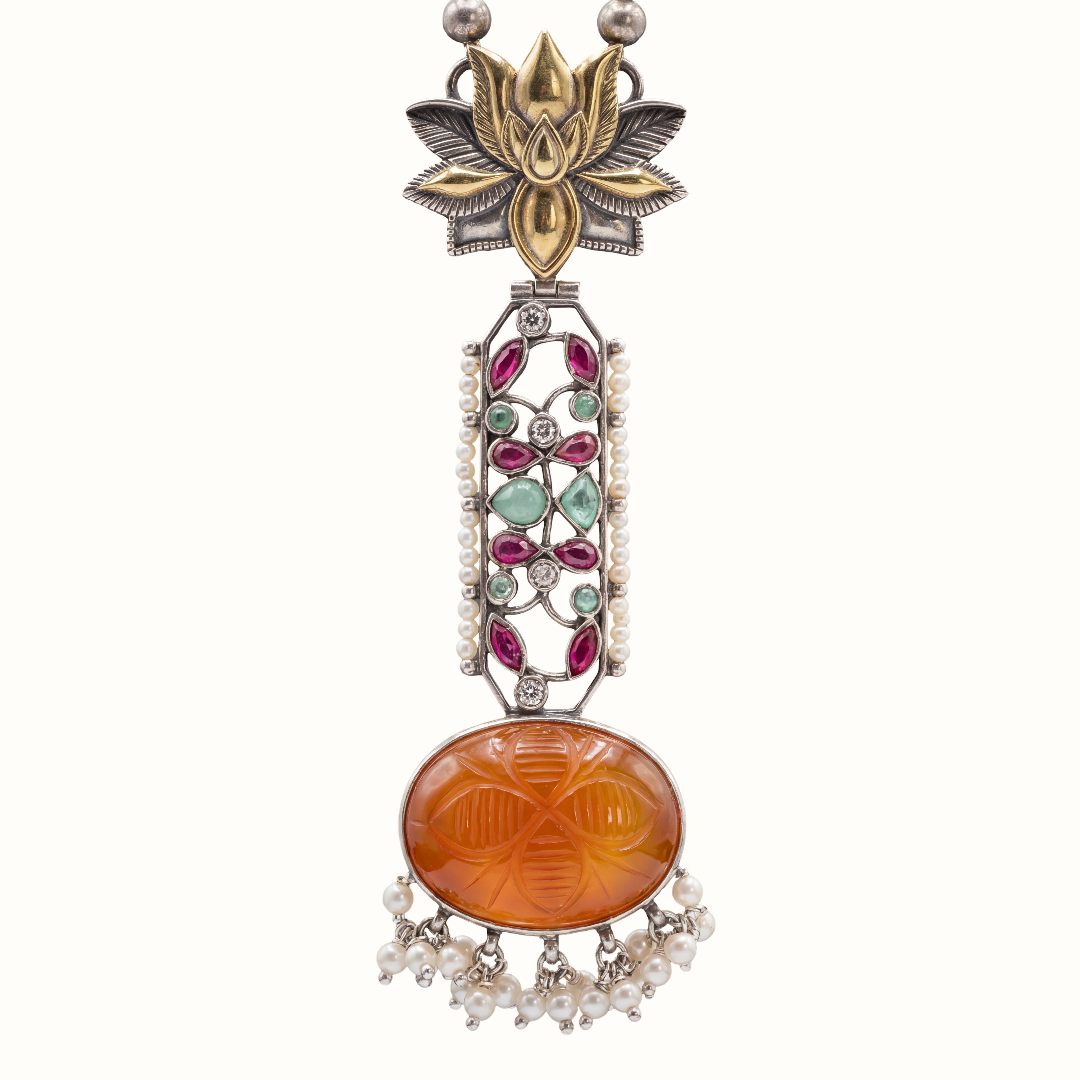 Statement Piece — Carved Orange Stone Long Pendant in Oxidised Silver