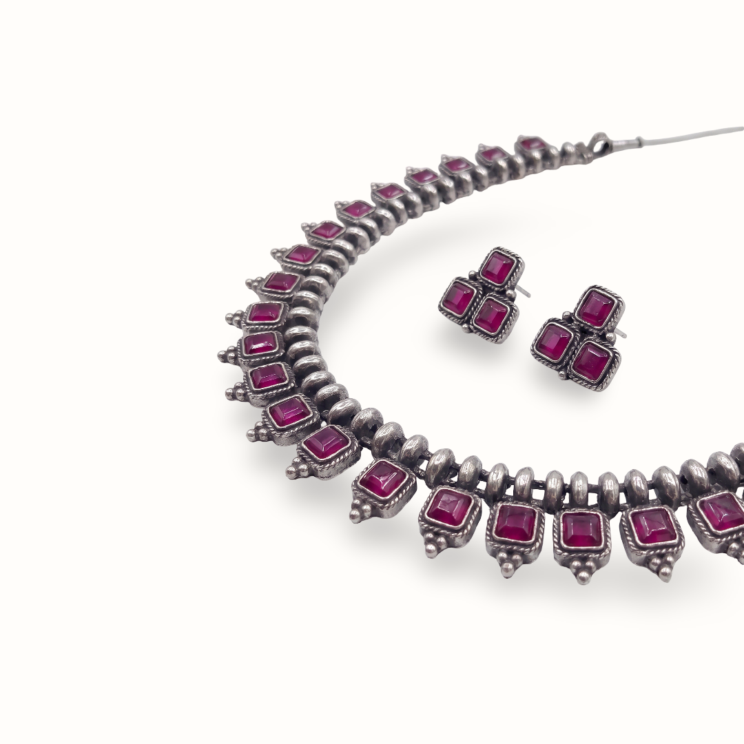 Ruby Rush — Square Ruby Collar Necklace Set in Oxidised Silver