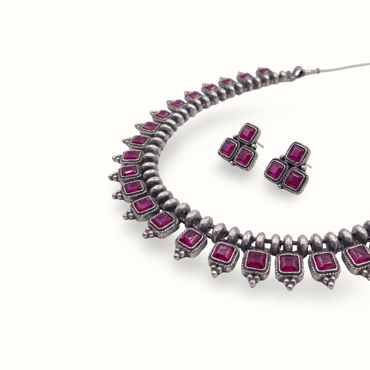 Ruby Rush — Square Ruby Collar Necklace Set in Oxidised Silver