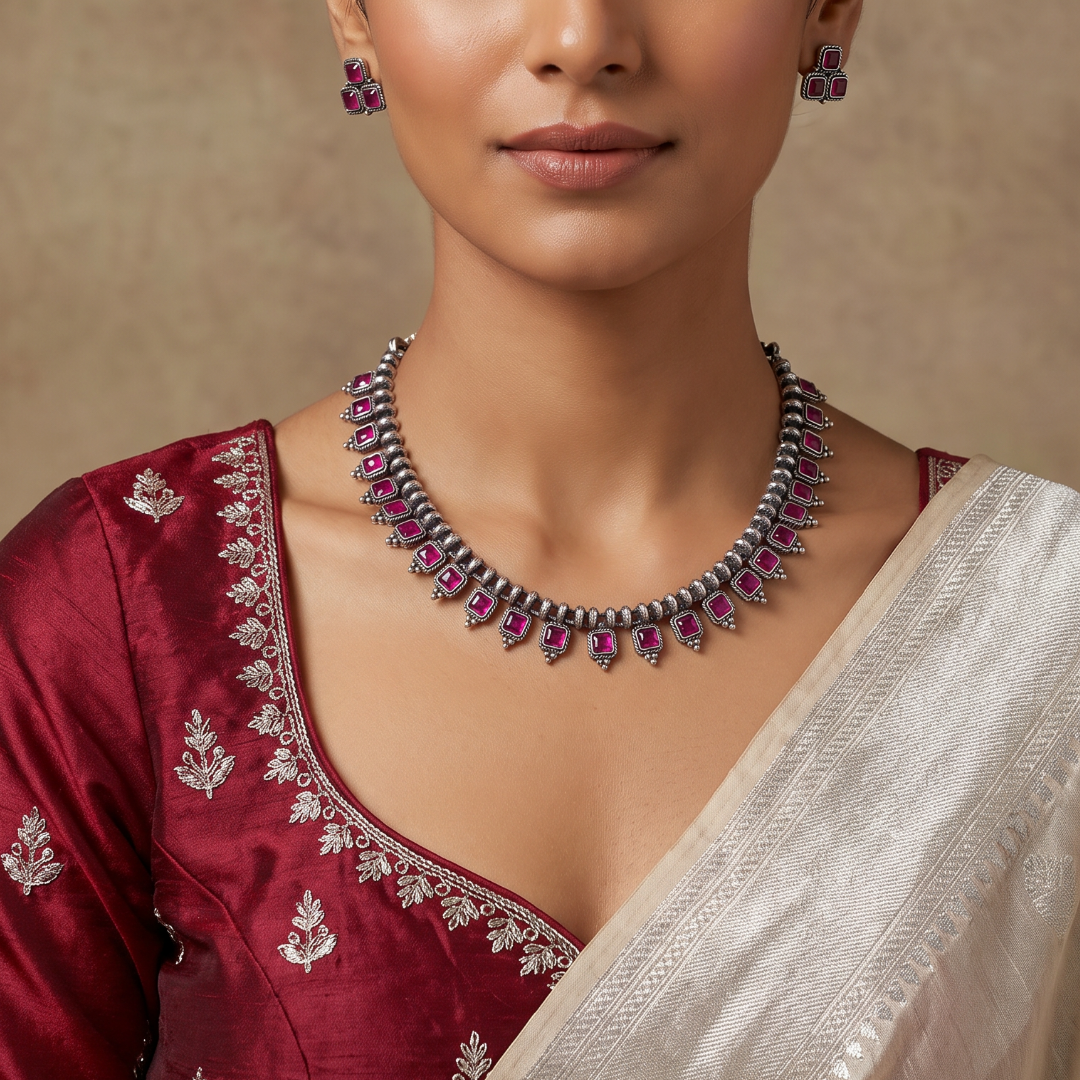 Ruby Rush — Square Ruby Collar Necklace Set in Oxidised Silver