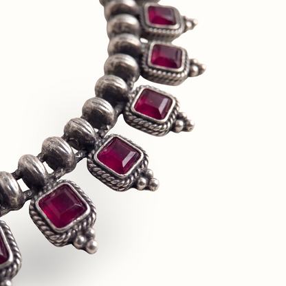 Ruby Rush — Square Ruby Collar Necklace Set in Oxidised Silver