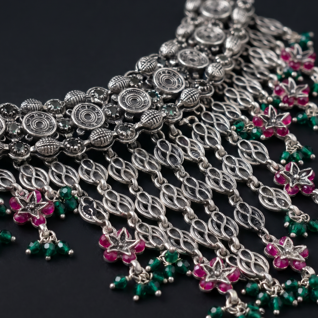 Full Cascade — Jali Floral Choker in Oxidised Silver
