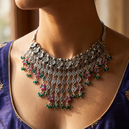 Full Cascade — Jali Floral Choker in Oxidised Silver