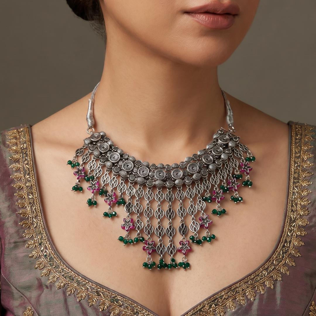 Full Cascade — Jali Floral Choker in Oxidised Silver