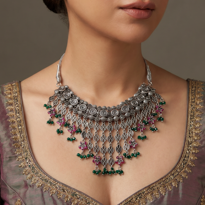 Full Cascade — Jali Floral Choker in Oxidised Silver