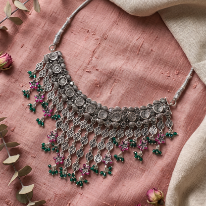 Full Cascade — Jali Floral Choker in Oxidised Silver