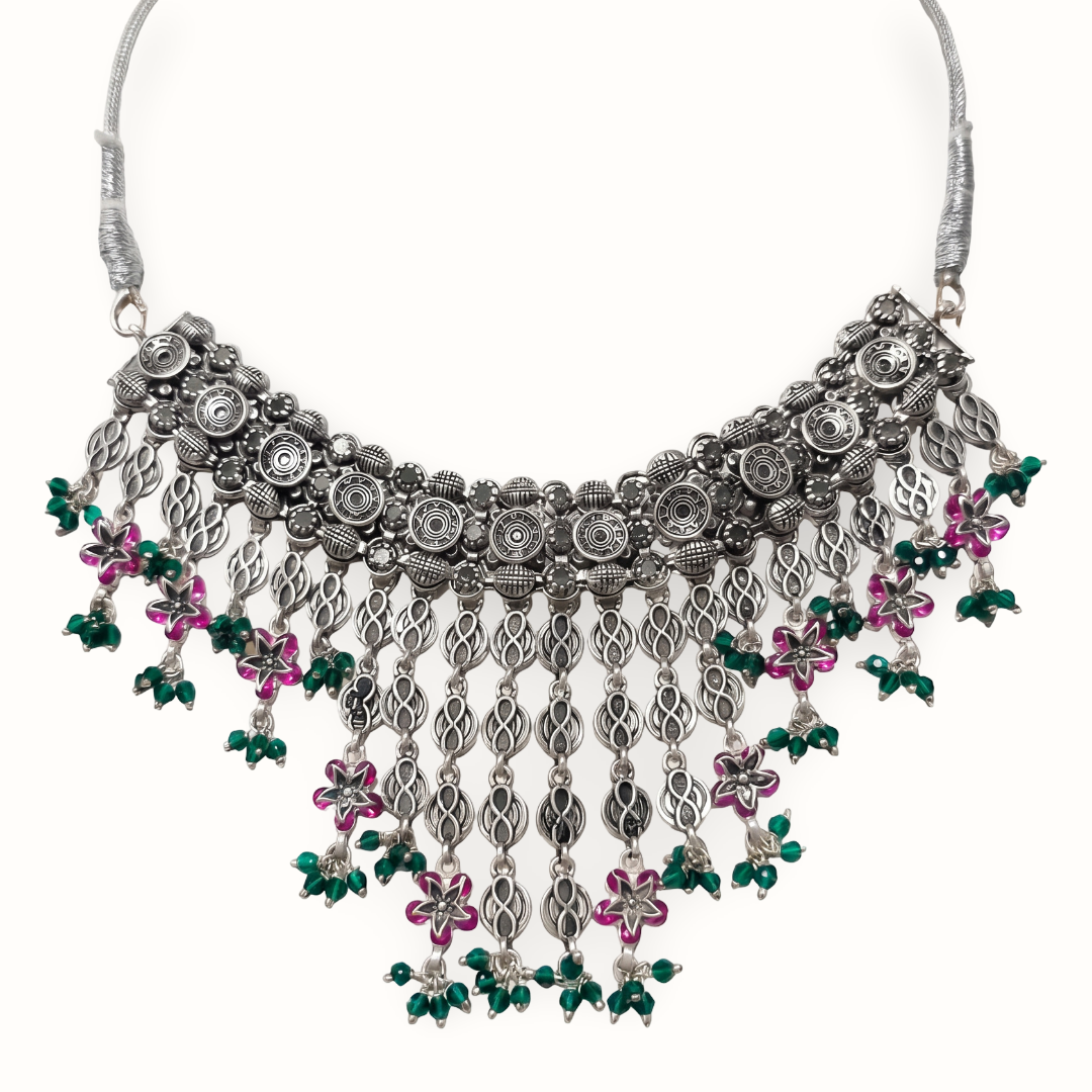 Full Cascade — Jali Floral Choker in Oxidised Silver