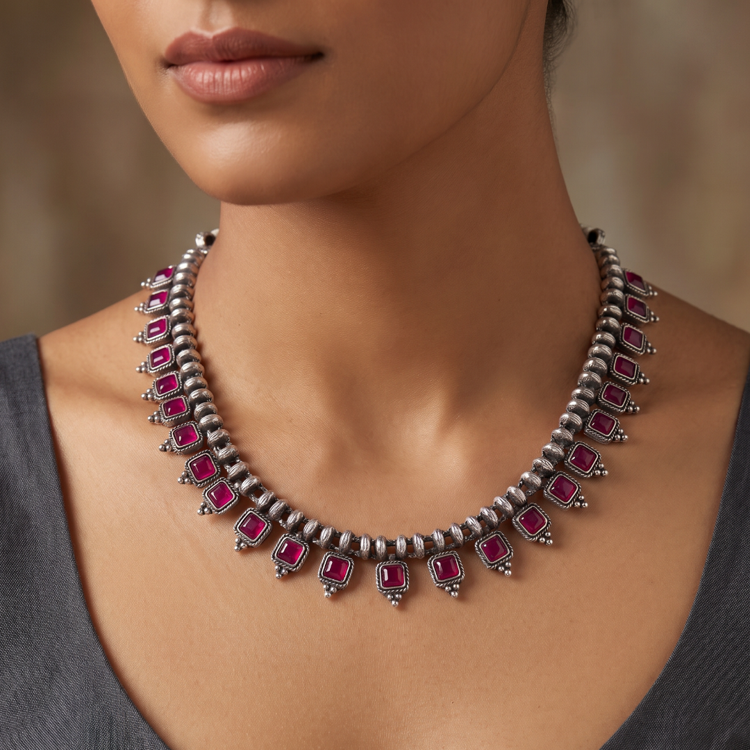 Ruby Rush — Square Ruby Collar Necklace Set in Oxidised Silver