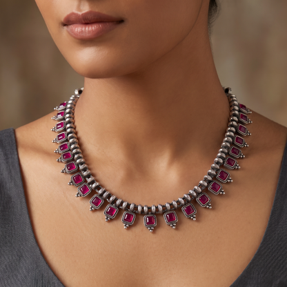 Ruby Rush — Square Ruby Collar Necklace Set in Oxidised Silver