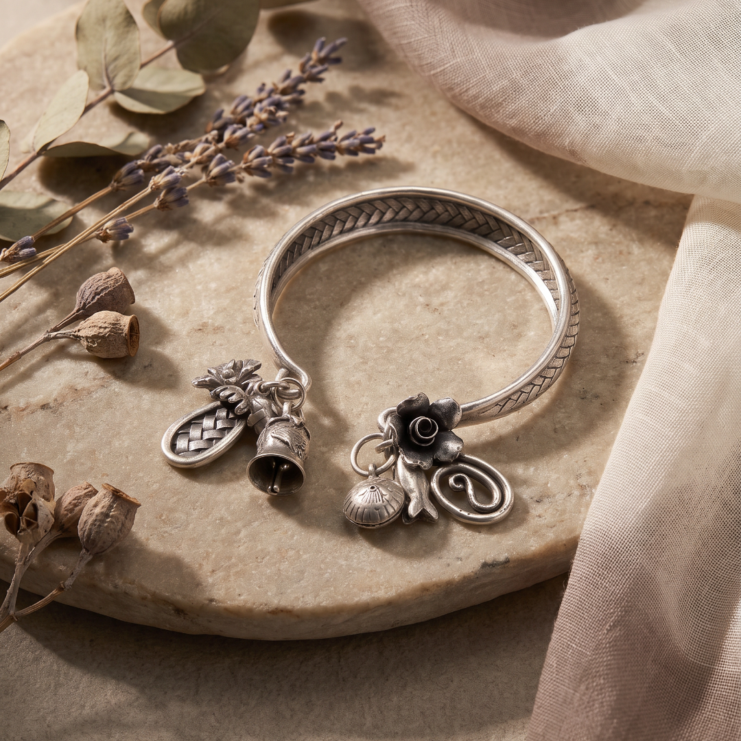 Controlled Chaos — Elephant & Ghungroo Charm Kada in Oxidised Silver