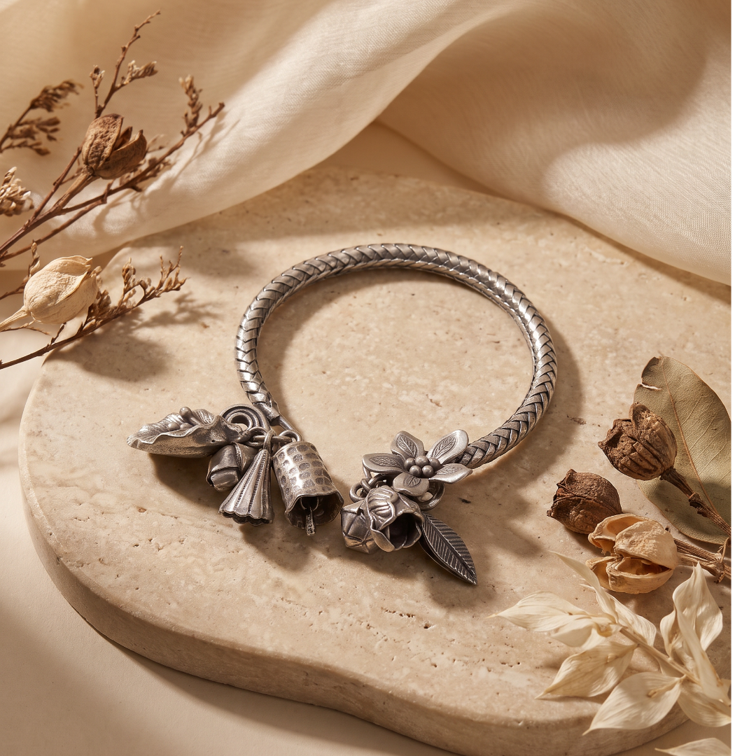 Bloom & Jingle — Ghungroo Flower Bangle in Oxidised Silver