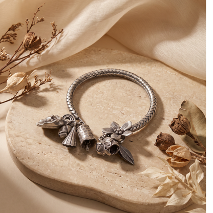 Bloom & Jingle — Ghungroo Flower Bangle in Oxidised Silver
