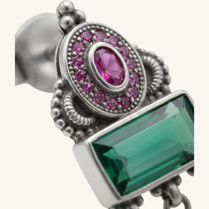 Green Flag Energy — Emerald & Pink Stone Chandelier Earrings in Oxidised Silver