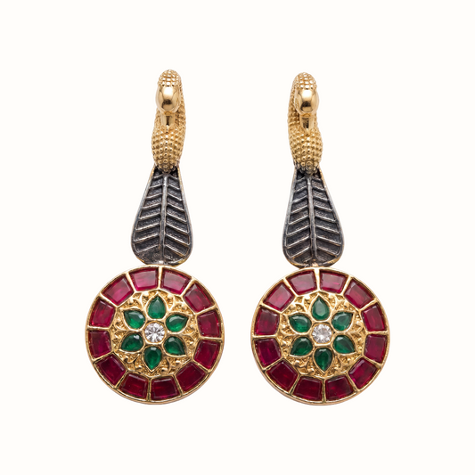 Feather Drop — Peacock Kundan Earrings in Oxidised Silver