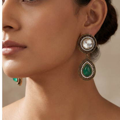 Drop Everything — Kundan & Emerald Teardrop Earrings in Oxidised Silver