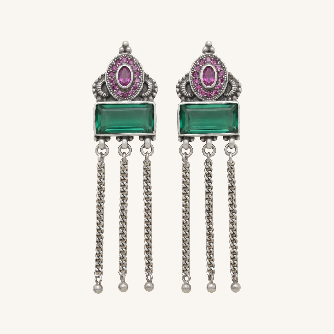 Green Flag Energy — Emerald & Pink Stone Chandelier Earrings in Oxidised Silver