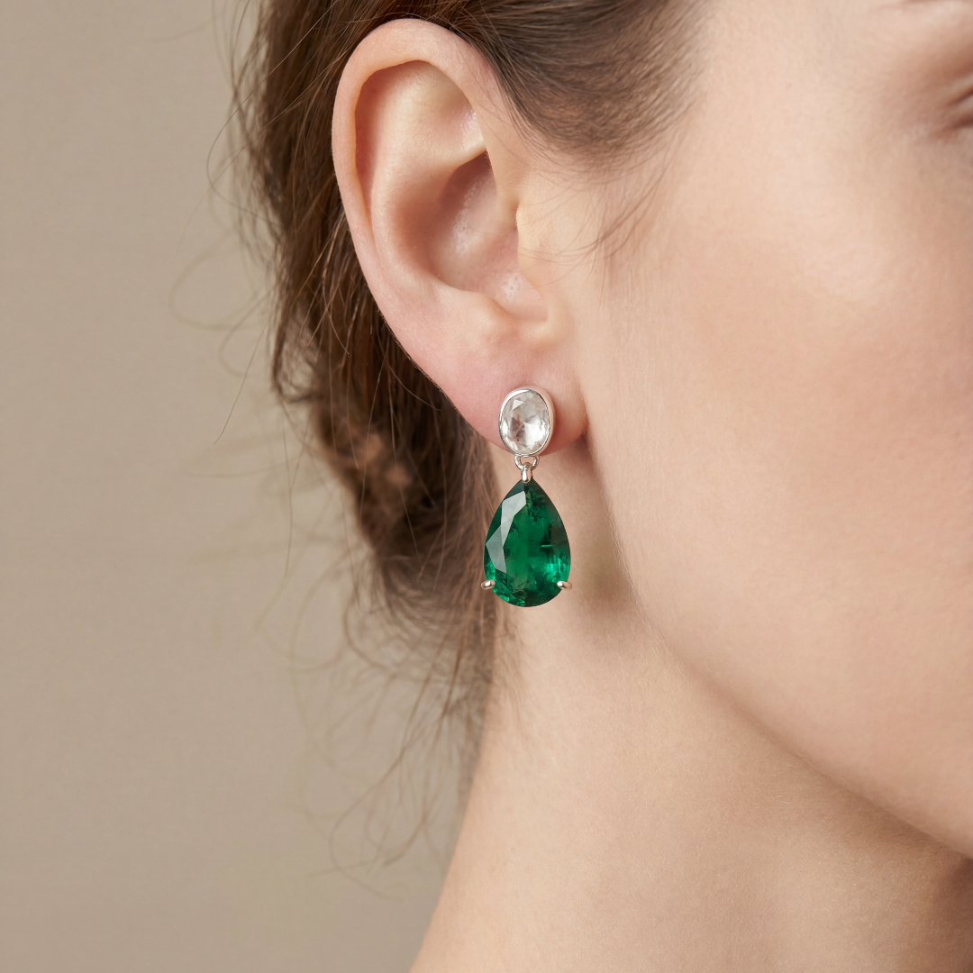 Two Good Things — Moonstone & Emerald Drop Earrings in Oxidised Silver
