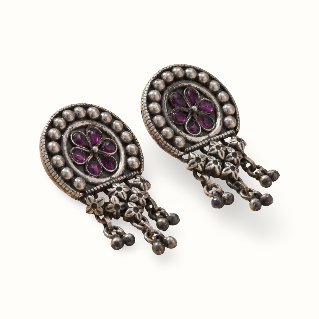 Full Bloom — Ruby Kundan Stud Earrings with Jhallar in Oxidised Silver