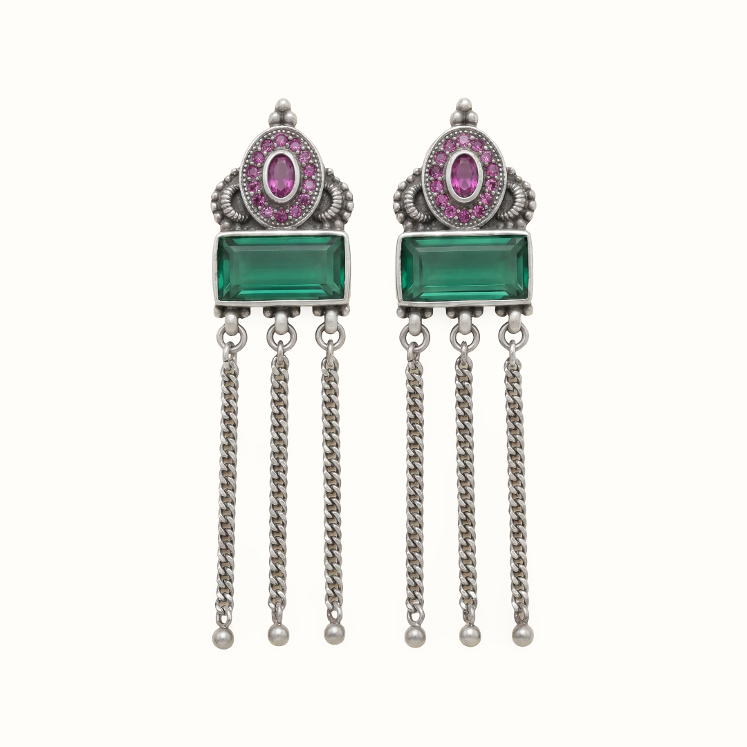Green Flag Energy — Emerald & Pink Stone Chandelier Earrings in Oxidised Silver