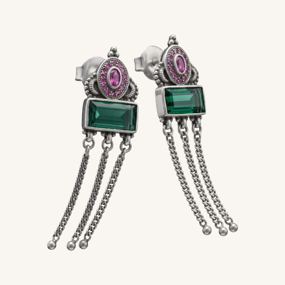 Green Flag Energy — Emerald & Pink Stone Chandelier Earrings in Oxidised Silver