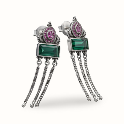 Green Flag Energy — Emerald & Pink Stone Chandelier Earrings in Oxidised Silver