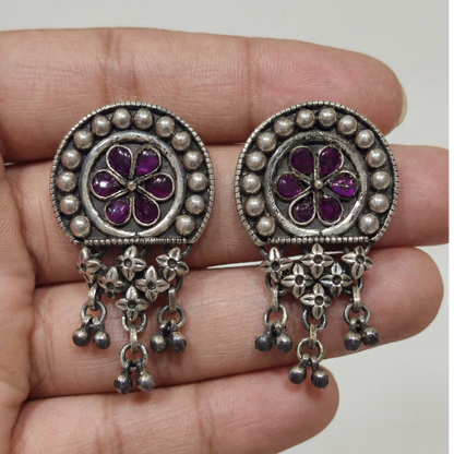 Full Bloom — Ruby Kundan Stud Earrings with Jhallar in Oxidised Silver