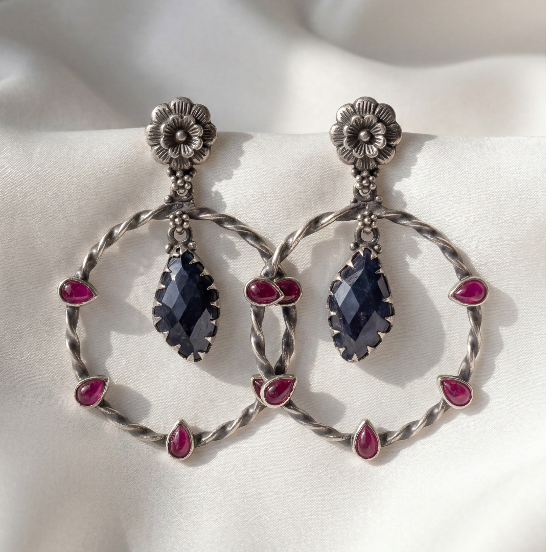 Full Circle — Floral Hoop Earrings with Ruby & Sapphire in Oxidised Silver