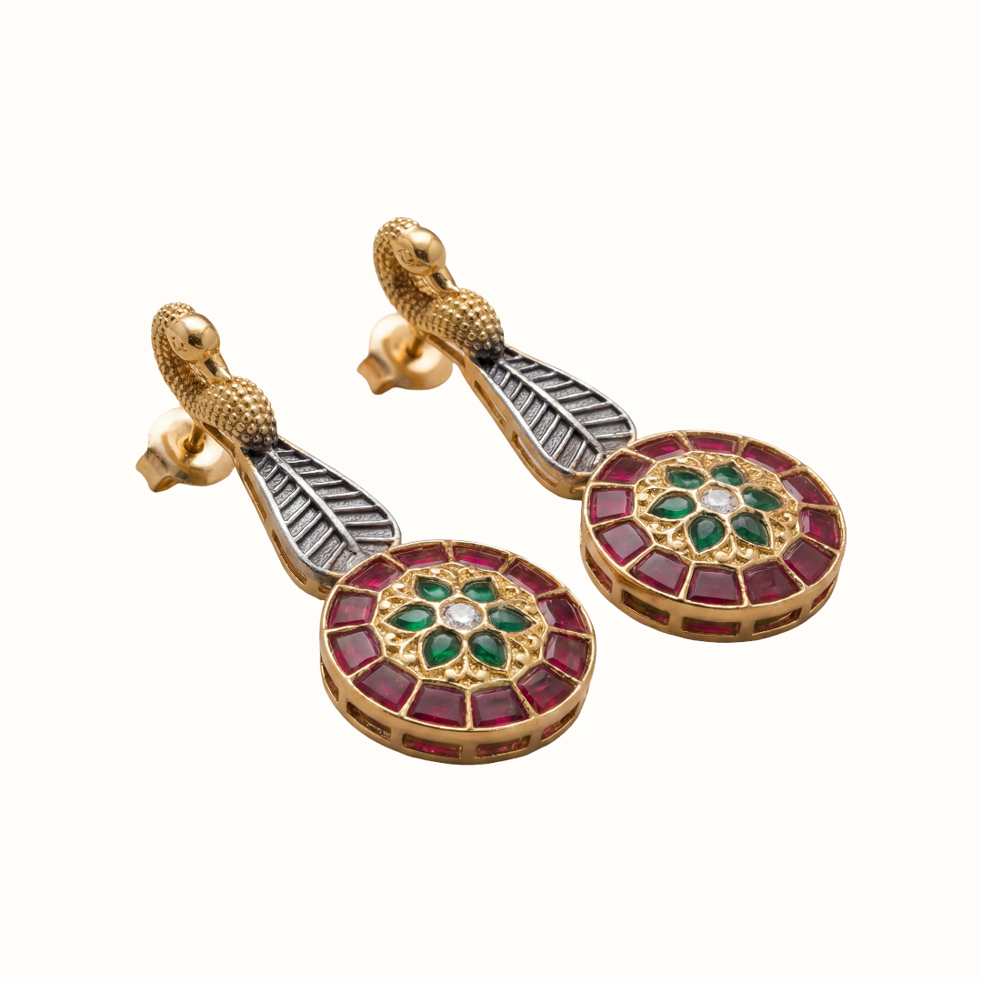 Feather Drop — Peacock Kundan Earrings in Oxidised Silver