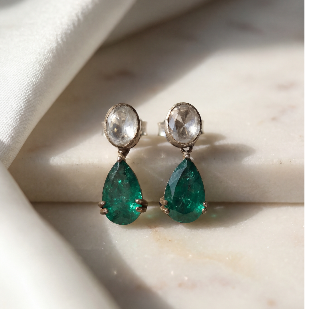 Two Good Things — Moonstone & Emerald Drop Earrings in Oxidised Silver