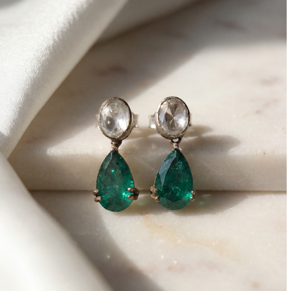 Two Good Things — Moonstone & Emerald Drop Earrings in Oxidised Silver