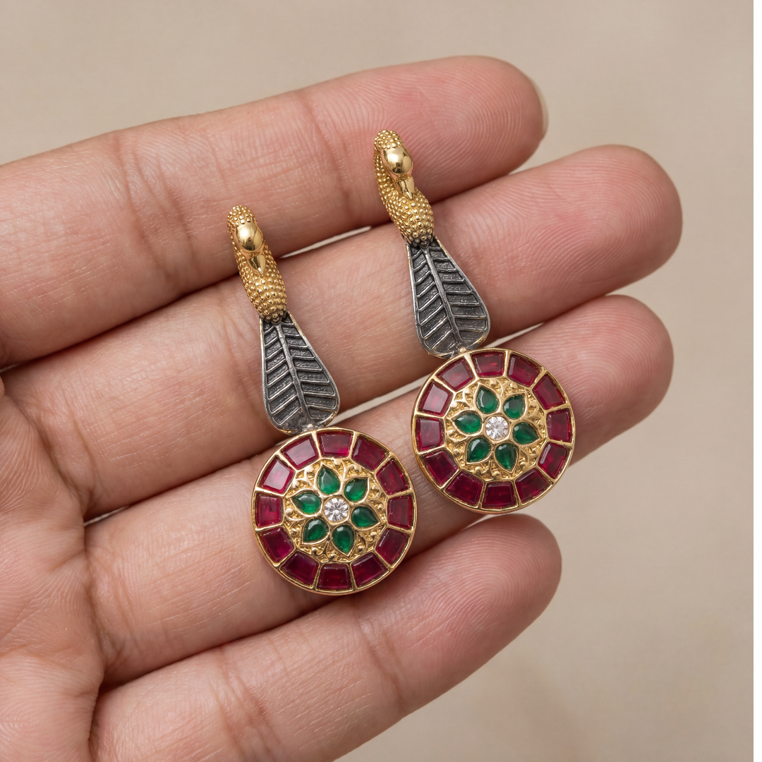 Feather Drop — Peacock Kundan Earrings in Oxidised Silver