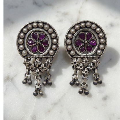 Full Bloom — Ruby Kundan Stud Earrings with Jhallar in Oxidised Silver