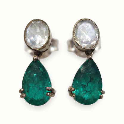 Two Good Things — Moonstone & Emerald Drop Earrings in Oxidised Silver