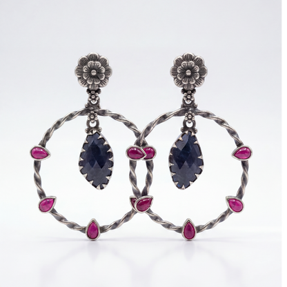 Full Circle — Floral Hoop Earrings with Ruby & Sapphire in Oxidised Silver