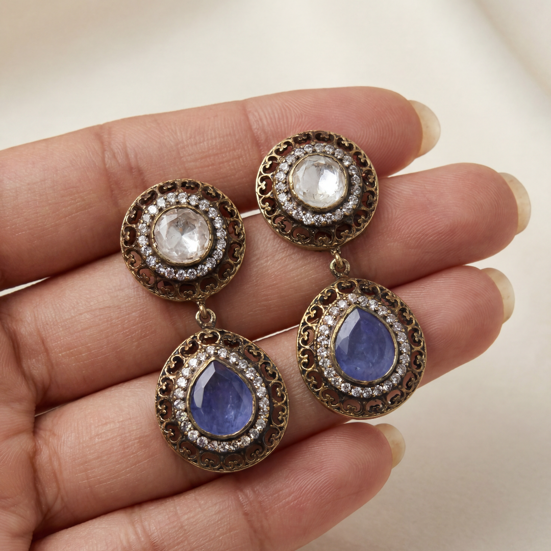 Deep Blue Mood — Victorian Tanzanite Dangle in Oxidised Silver