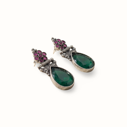 Green Flag — Emerald & Ruby Drop Earrings in Oxidised Silver