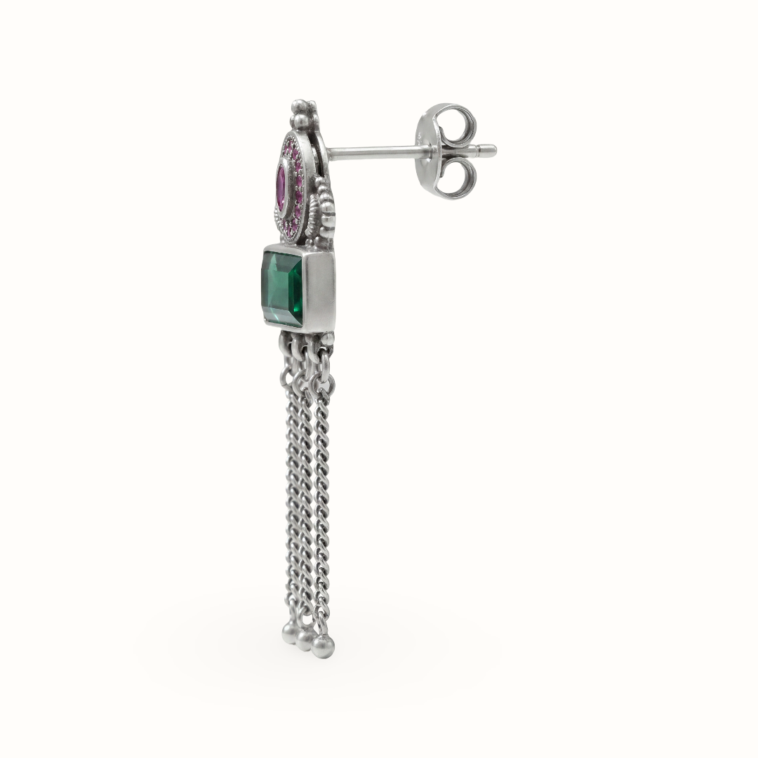 Green Flag Energy — Emerald & Pink Stone Chandelier Earrings in Oxidised Silver