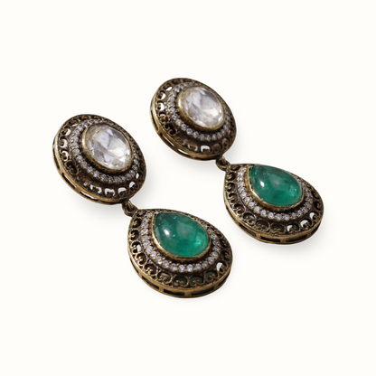 Drop Everything — Kundan & Emerald Teardrop Earrings in Oxidised Silver