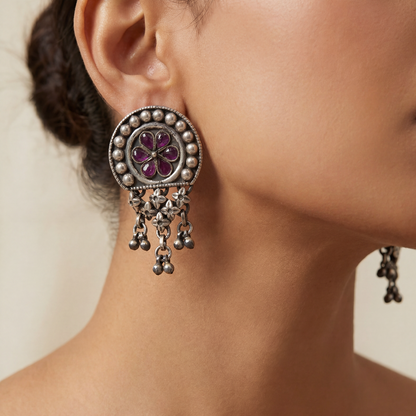 Full Bloom — Ruby Kundan Stud Earrings with Jhallar in Oxidised Silver