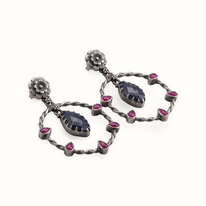 Full Circle — Floral Hoop Earrings with Ruby & Sapphire in Oxidised Silver
