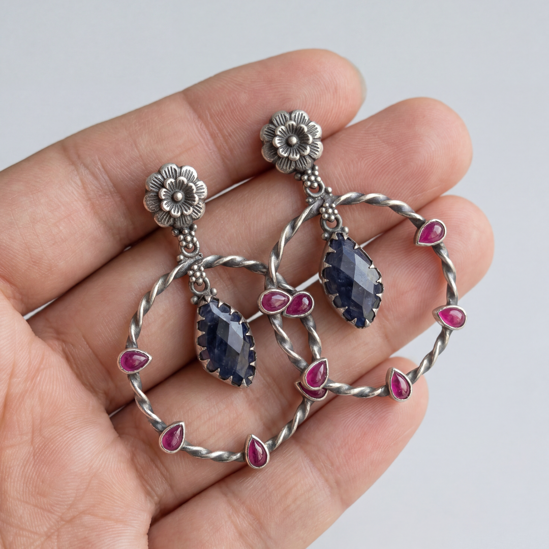 Full Circle — Floral Hoop Earrings with Ruby & Sapphire in Oxidised Silver