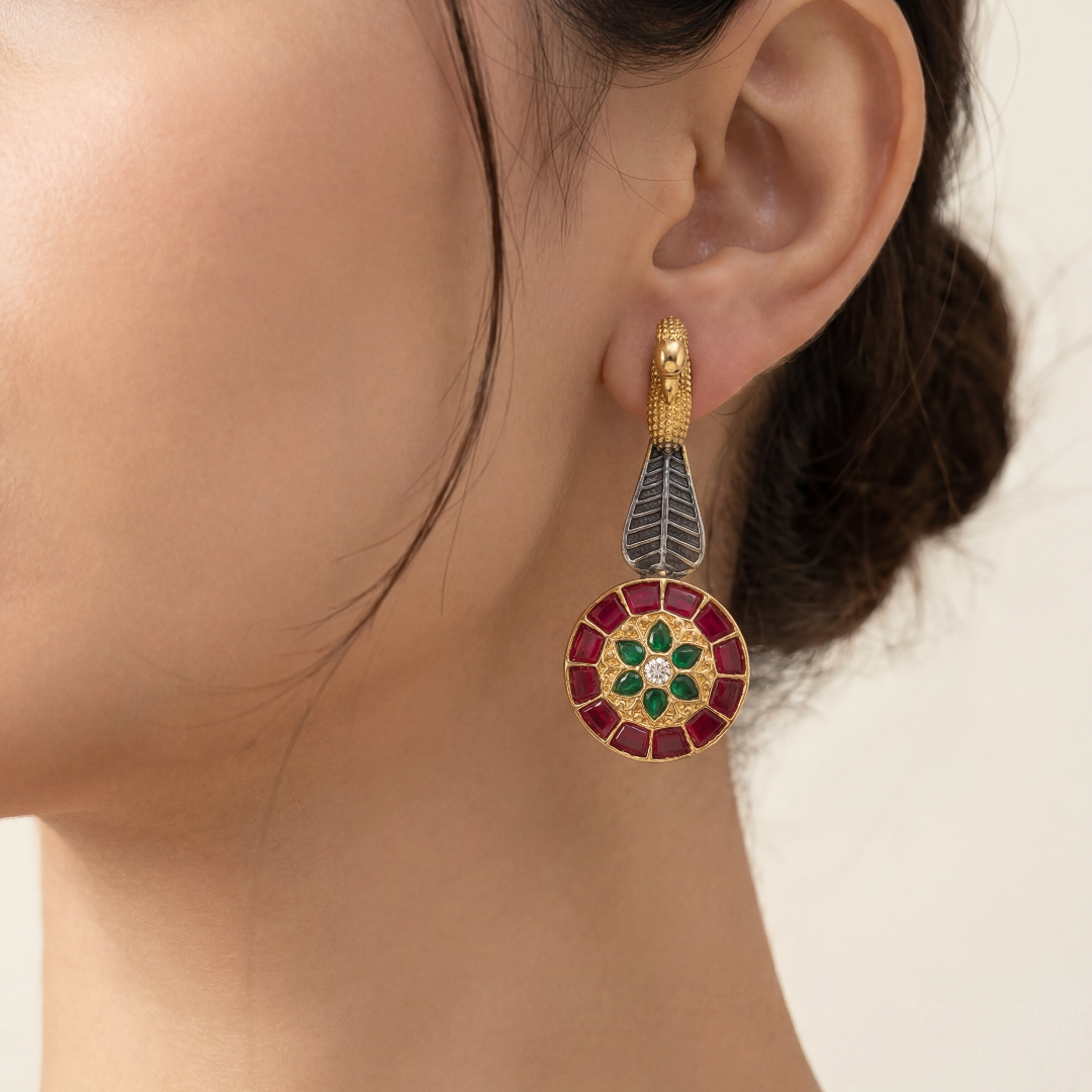 Feather Drop — Peacock Kundan Earrings in Oxidised Silver