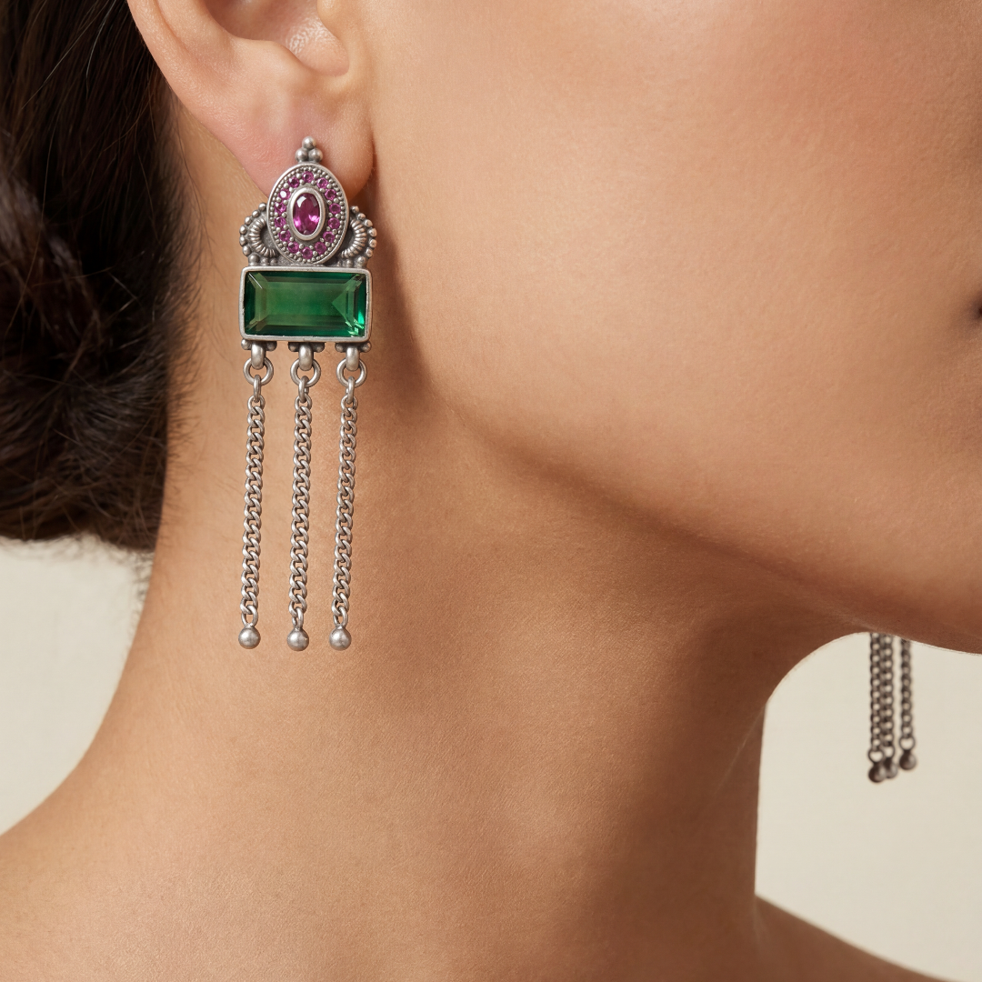 Green Flag Energy — Emerald & Pink Stone Chandelier Earrings in Oxidised Silver