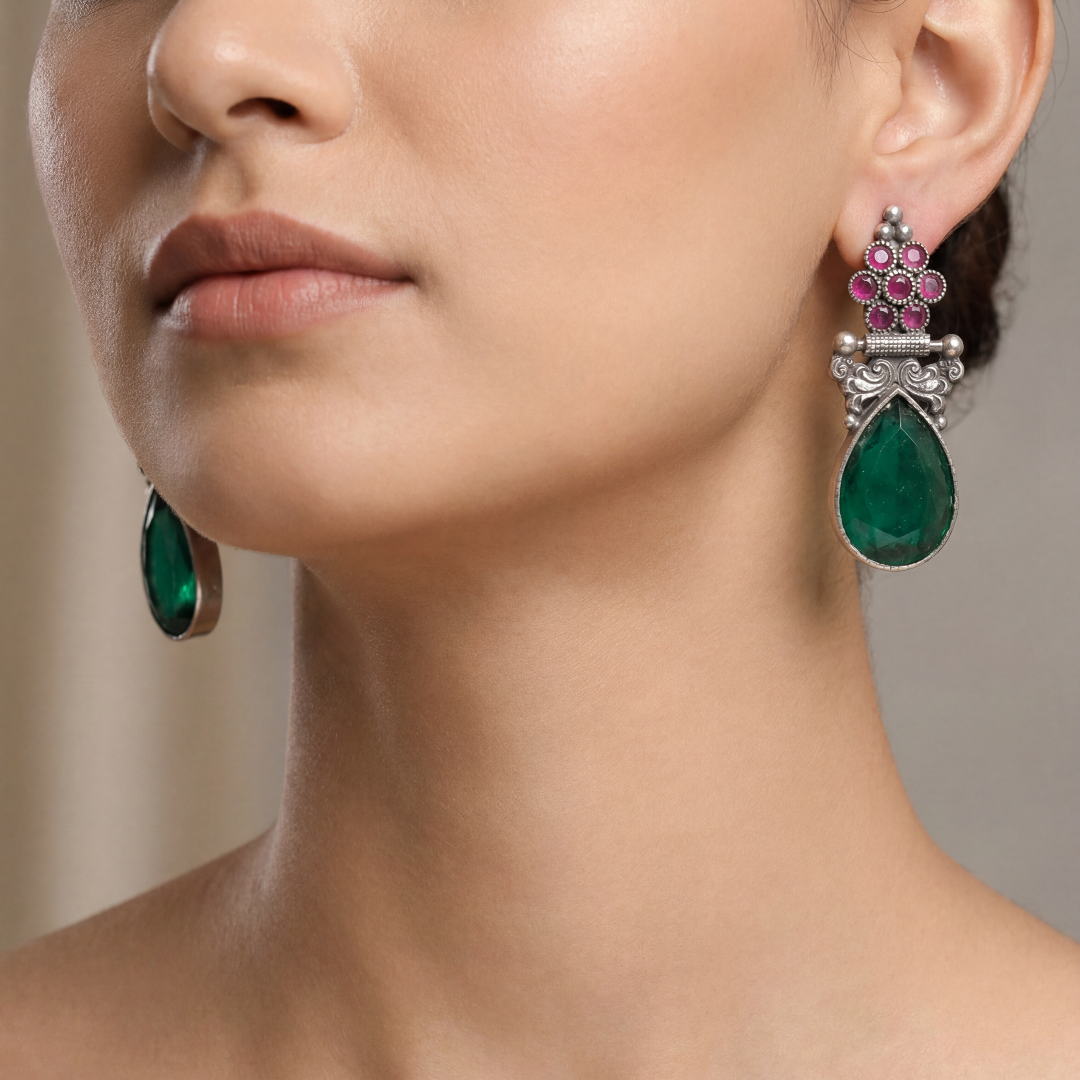 Green Flag — Emerald & Ruby Drop Earrings in Oxidised Silver